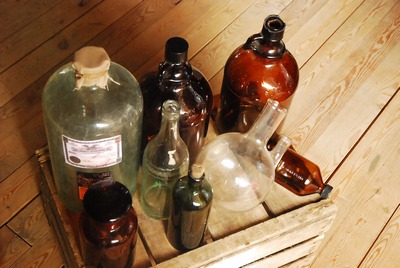 Large Pharmacy Bottles in a Wooden Case