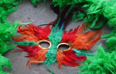 sale Venetian feathered Mask (Red Orange and Green) eco