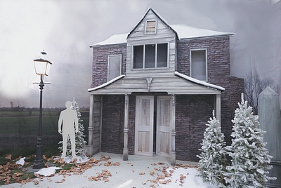 Gray House in a snow Landscape